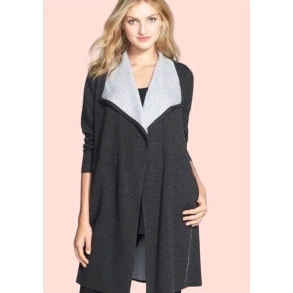 Eileen Fisher Merino Wool Organic Cotton Open Long Cardigan Pockets XL Gray - Picture 1 of 6